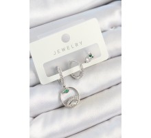 Pirinç Zirkon Taşlı Göz Ve Baykuş Model Gümüş Renk 3'lü Çift Kadın Küpe Set - TJ-BKP10795