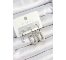 Pirinç Zirkon Taşlı Dikdörtgen Model Gümüş Renk 3'lü Çift Kadın Küpe Set - TJ-BKP10796