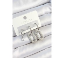 Pirinç Zirkon Taşlı Dikdörtgen Model Gümüş Renk 3'lü Çift Kadın Küpe Set - TJ-BKP10796