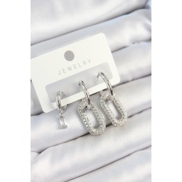Pirinç Zirkon Taşlı Dikdörtgen Model Gümüş Renk 3'lü Çift Kadın Küpe Set TJ-BKP10796