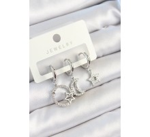 Pirinç Zirkon Taşlı Ay Ve Yıldız Model Gümüş Renk 3'lü Çift Kadın Küpe Set - TJ-BKP10797
