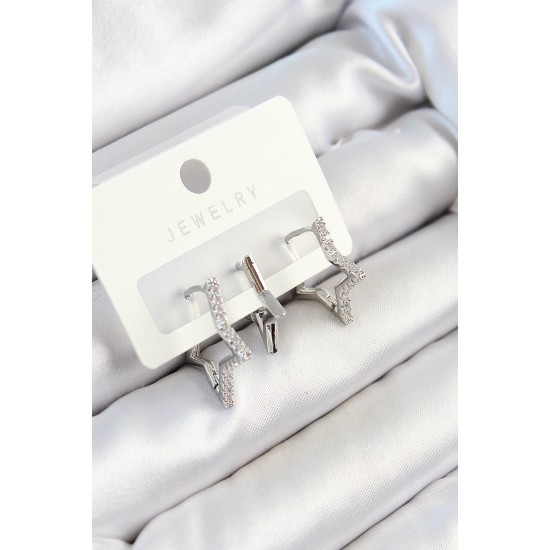 Pirinç Zirkon Taşlı Yıldız Model Gümüş Renk 3'lü Çift Kadın Küpe Set - TJ-BKP10798