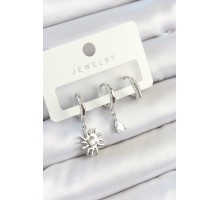 Pirinç Zirkon Taşlı Güneş Model Gümüş Renk 3'lü Çift Kadın Küpe Set - TJ-BKP10799