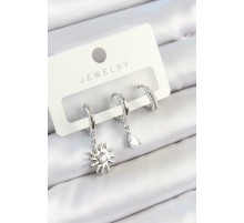 Pirinç Zirkon Taşlı Güneş Model Gümüş Renk 3'lü Çift Kadın Küpe Set - TJ-BKP10799