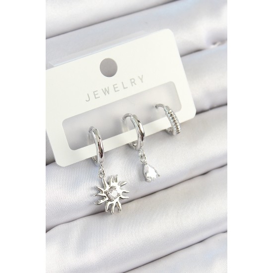 Pirinç Zirkon Taşlı Güneş Model Gümüş Renk 3'lü Çift Kadın Küpe Set - TJ-BKP10799