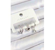 Pirinç Zirkon Taşlı Halka Model Gümüş Renk 3'lü Çift Kadın Küpe Set - TJ-BKP10800