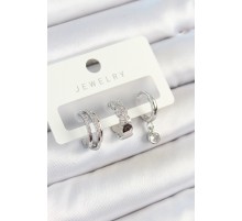 Pirinç Zirkon Taşlı Halka Model Gümüş Renk 3'lü Çift Kadın Küpe Set TJ-BKP10800