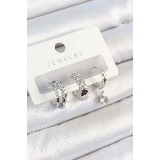 Pirinç Zirkon Taşlı Halka Model Gümüş Renk 3'lü Çift Kadın Küpe Set - TJ-BKP10800