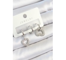 Pirinç Zirkon Taşlı Kalp Model Gümüş Renk 3'lü Çift Kadın Küpe Set - TJ-BKP10801