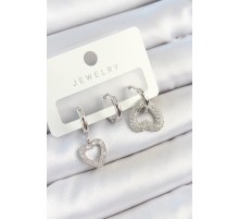 Pirinç Zirkon Taşlı Kalp Model Gümüş Renk 3'lü Çift Kadın Küpe Set - TJ-BKP10801