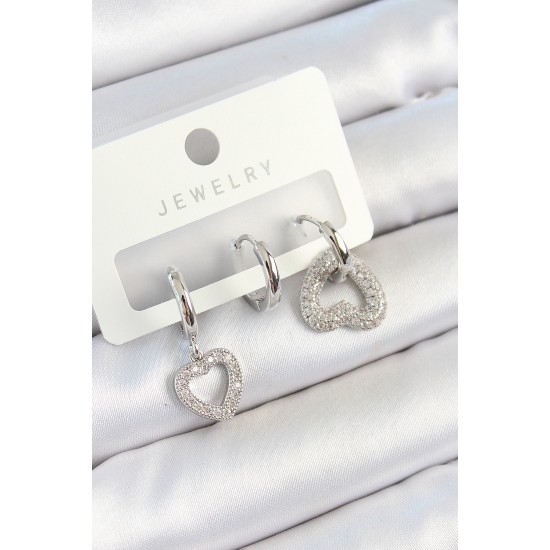 Pirinç Zirkon Taşlı Kalp Model Gümüş Renk 3'lü Çift Kadın Küpe Set - TJ-BKP10801