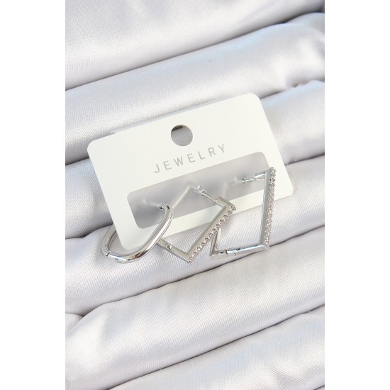 Pirinç Zirkon Taşlı Dikdörtgen Model Gümüş Renk 3'lü Çift Kadın Küpe Set - TJ-BKP10802