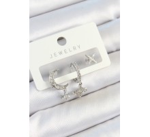 Pirinç Zirkon Taşlı Çiçek Ve Ay Model Gümüş Renk 3'lü Çift Kadın Küpe Set - TJ-BKP10804