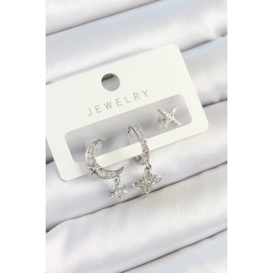 Pirinç Zirkon Taşlı Çiçek Ve Ay Model Gümüş Renk 3'lü Çift Kadın Küpe Set - TJ-BKP10804