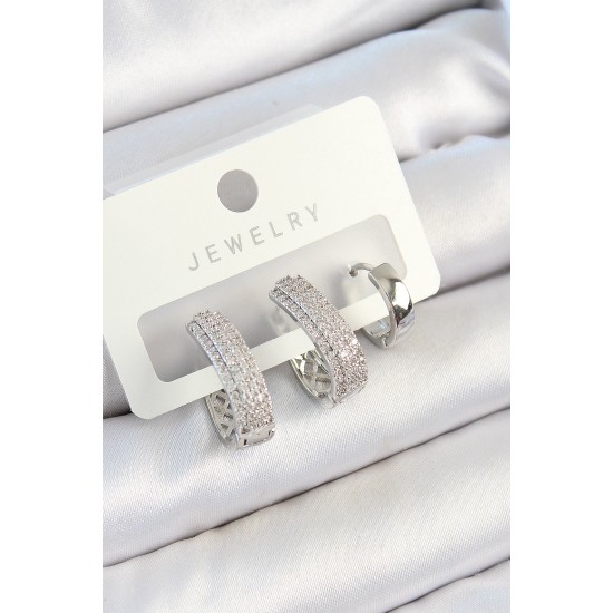 Pirinç Zirkon Taşlı Damla Model Gümüş Renk 3'lü Çift Kadın Küpe Set - TJ-BKP10805