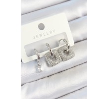 Pirinç Zirkon Taşlı Kare Model Gümüş Renk 3'lü Çift Kadın Küpe Set - TJ-BKP10806