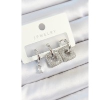 Pirinç Zirkon Taşlı Kare Model Gümüş Renk 3'lü Çift Kadın Küpe Set - TJ-BKP10806