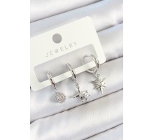 Pirinç Zirkon Taşlı Kutup Yıldızı Model Gümüş Renk 3'lü Çift Kadın Küpe Set - TJ-BKP10807