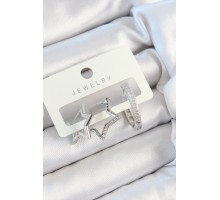 Pirinç Zirkon Taşlı Yıldız Ve Halka Model Gümüş Renk 3'lü Çift Kadın Küpe Set - TJ-BKP10808