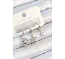 Pirinç Zirkon Taşlı Yıldız Model Gümüş Renk 3'lü Çift Kadın Küpe Set - TJ-BKP10809