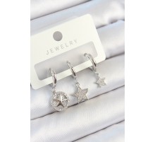 Pirinç Zirkon Taşlı Yıldız Model Gümüş Renk 3'lü Çift Kadın Küpe Set - TJ-BKP10809