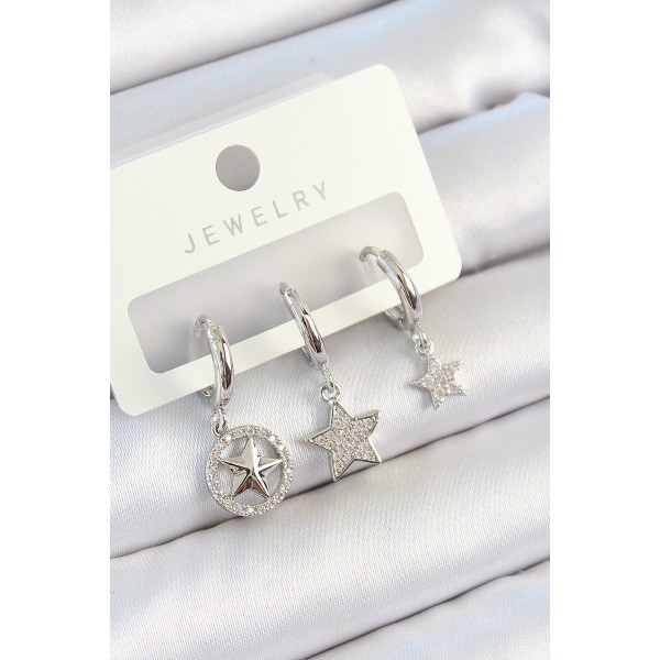Pirinç Zirkon Taşlı Yıldız Model Gümüş Renk 3'lü Çift Kadın Küpe Set - TJ-BKP10809