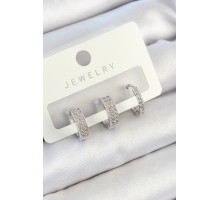 Pirinç Zirkon Taşlı Halka Model Gümüş Renk 3'lü Çift Kadın Küpe Set - TJ-BKP10810