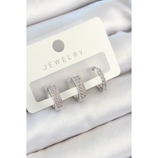 Pirinç Zirkon Taşlı Halka Model Gümüş Renk 3'lü Çift Kadın Küpe Set - TJ-BKP10810