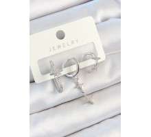 Pirinç Zirkon Taşlı Kelebek Ve Sallantılı Yıldız Model Gümüş Renk 3'lü Çift Kadın Küpe Set - TJ-BKP10811