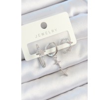 Pirinç Zirkon Taşlı Kelebek Ve Sallantılı Yıldız Model Gümüş Renk 3'lü Çift Kadın Küpe Set - TJ-BKP10811