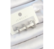 Pirinç Zirkon Taşlı Halka Model Gümüş Renk 3'lü Çift Kadın Küpe Set - TJ-BKP10812