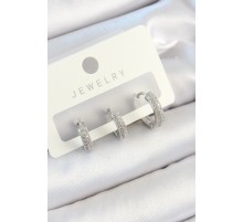 Pirinç Zirkon Taşlı Halka Model Gümüş Renk 3'lü Çift Kadın Küpe Set - TJ-BKP10812