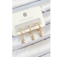 Pirinç Zirkon Taşlı Sallantılı Yıldız Model Gold Renk 3'lü Çift Kadın Küpe Set - TJ-BKP10813