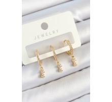 Pirinç Zirkon Taşlı Sallantılı Yıldız Model Gold Renk 3'lü Çift Kadın Küpe Set - TJ-BKP10813