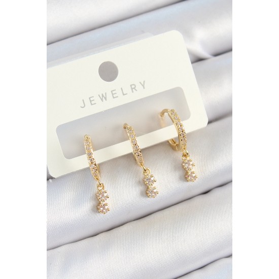 Pirinç Zirkon Taşlı Sallantılı Yıldız Model Gold Renk 3'lü Çift Kadın Küpe Set - TJ-BKP10813