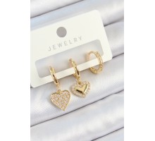 Pirinç Zirkon Taşlı Sallantılı Kalp Model Gold Renk 3'lü Çift Kadın Küpe Set - TJ-BKP10814