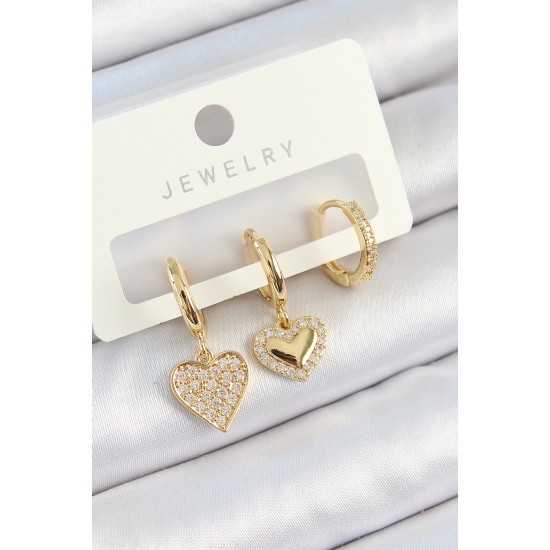 Pirinç Zirkon Taşlı Sallantılı Kalp Model Gold Renk 3'lü Çift Kadın Küpe Set - TJ-BKP10814