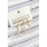 Pirinç Zirkon Taşlı Sallantılı Model Gold Renk 3'lü Çift Kadın Küpe Set TJ-BKP10815
