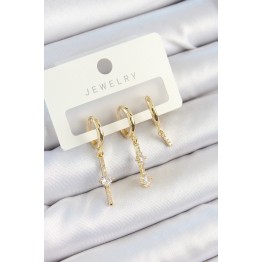 Pirinç Zirkon Taşlı Sallantılı Model Gold Renk 3'lü Çift Kadın Küpe Set TJ-BKP10815