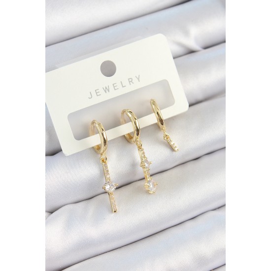 Pirinç Zirkon Taşlı Sallantılı Model Gold Renk 3'lü Çift Kadın Küpe Set - TJ-BKP10815
