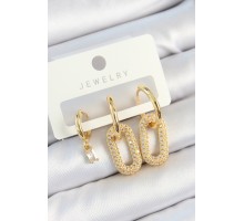 Pirinç Zirkon Taşlı Dikdörtgen Model Gold Renk 3'lü Çift Kadın Küpe Set - TJ-BKP10816