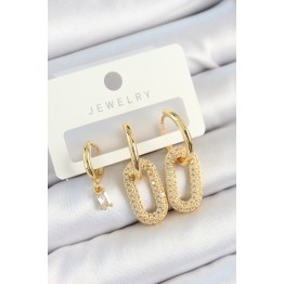Pirinç Zirkon Taşlı Dikdörtgen Model Gold Renk 3'lü Çift Kadın Küpe Set TJ-BKP10816