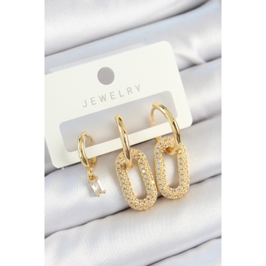 Pirinç Zirkon Taşlı Dikdörtgen Model Gold Renk 3'lü Çift Kadın Küpe Set - TJ-BKP10816