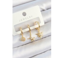 Pirinç Zirkon Taşlı Yıldız Model Gold Renk 3'lü Çift Kadın Küpe Set - TJ-BKP10818