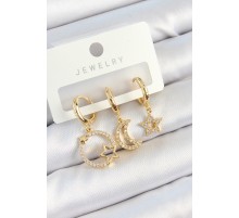 Pirinç Zirkon Taşlı Yıldız Ve Ay Model Gold Renk 3'lü Çift Kadın Küpe Set - TJ-BKP10819