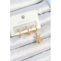 Pirinç Zirkon Taşlı Kutup Yıldızı Model Gold Renk 3'lü Çift Kadın Küpe Set TJ-BKP10820