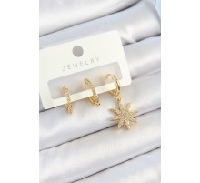 Pirinç Zirkon Taşlı Kutup Yıldızı Model Gold Renk 3'lü Çift Kadın Küpe Set TJ-BKP10820