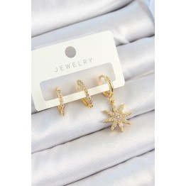 Pirinç Zirkon Taşlı Kutup Yıldızı Model Gold Renk 3'lü Çift Kadın Küpe Set TJ-BKP10820
