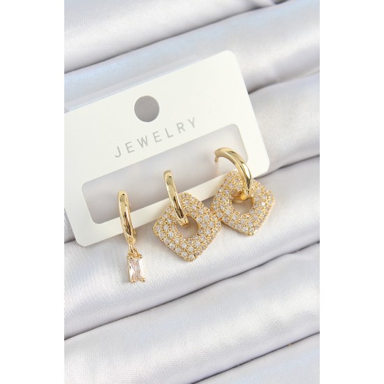 Pirinç Zirkon Taşlı Kare Model Gold Renk 3'lü Çift Kadın Küpe Set - TJ-BKP10821