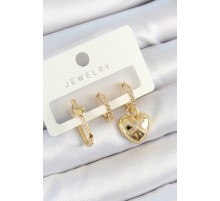 Pirinç Zirkon Taşlı Kalp Model Gold Renk 3'lü Çift Kadın Küpe Set - TJ-BKP10822